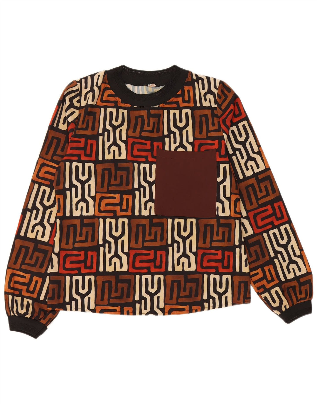 VINTAGE Top pentru femei cu mânecă lungă UK 12 Medium Brown Geometric