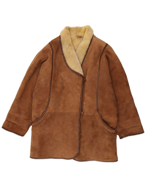 Palton supradimensionat din shearling vintage pentru femei IT 48 XL maro din shearling