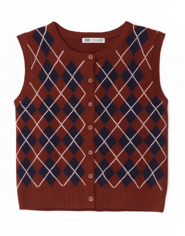 Zara Womens Sleeveless Cardigan Sweater UK 14 Large Brown Argyle/Diamond