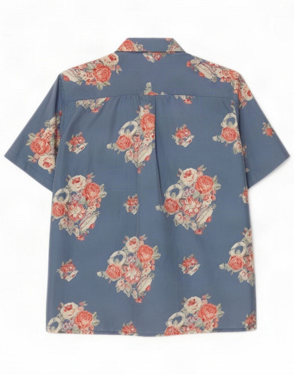 Bluză de epocă cămașă cu mânecă scurtă pentru femei UK 14 Medium Blue Floral Silk