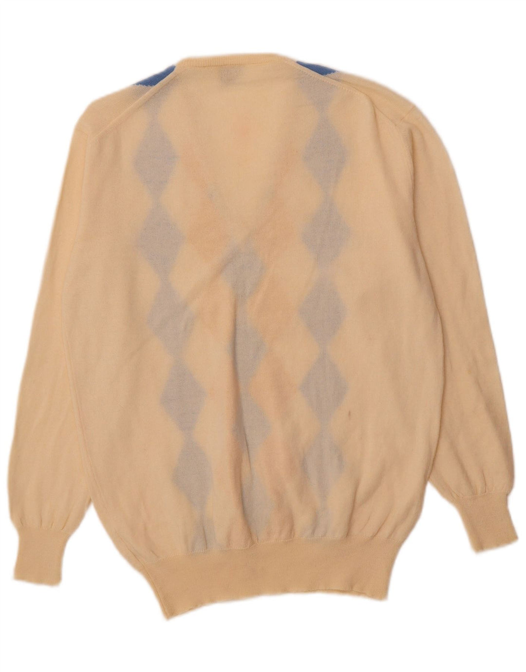 VINTAGE Womens V-Neck Jumper Sweater UK 14 Medium Beige Argyle/Diamond