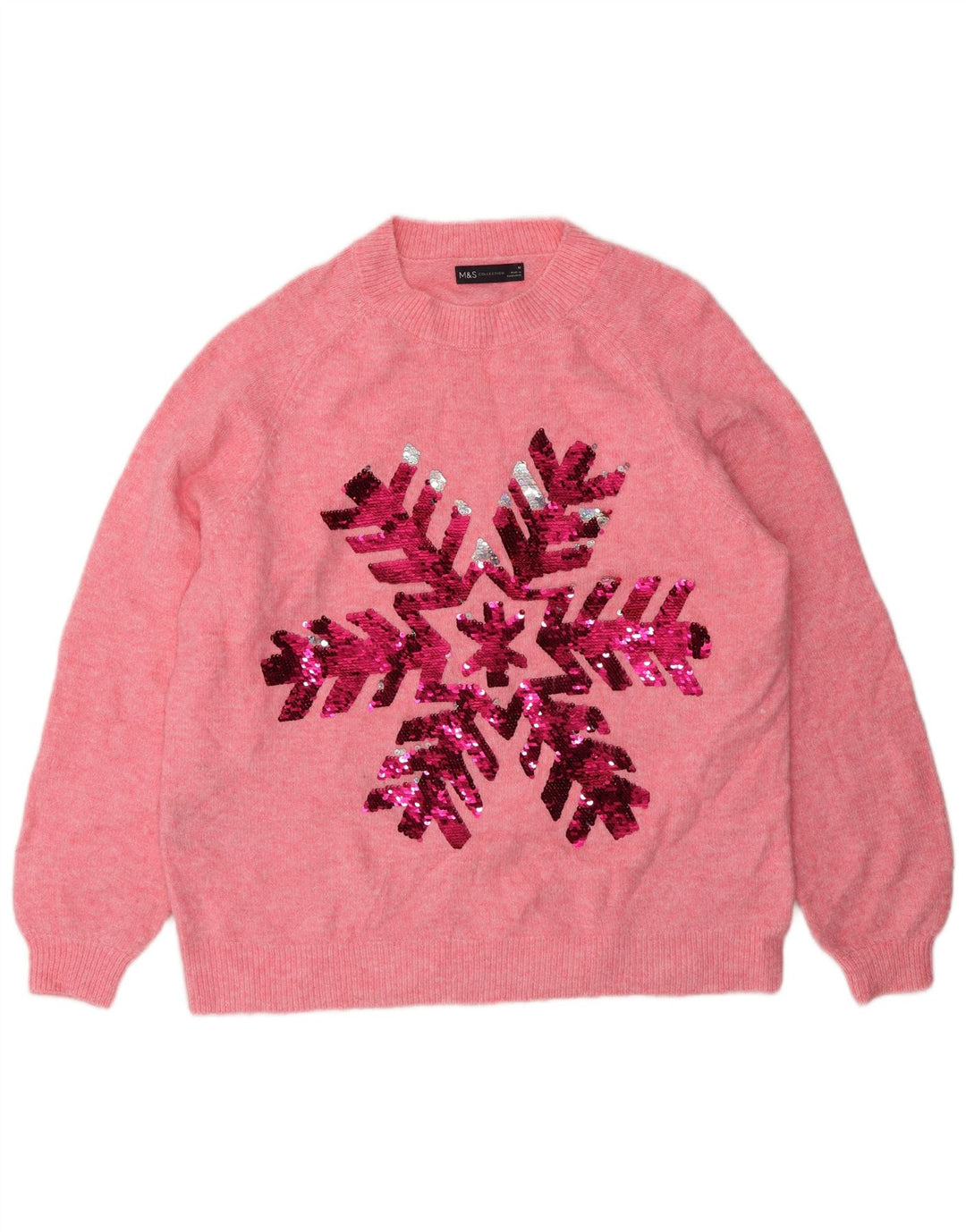 Pulover pentru femei Marks & Spencer cu decolteu rotund cu grafică, UK 14, roz mediu