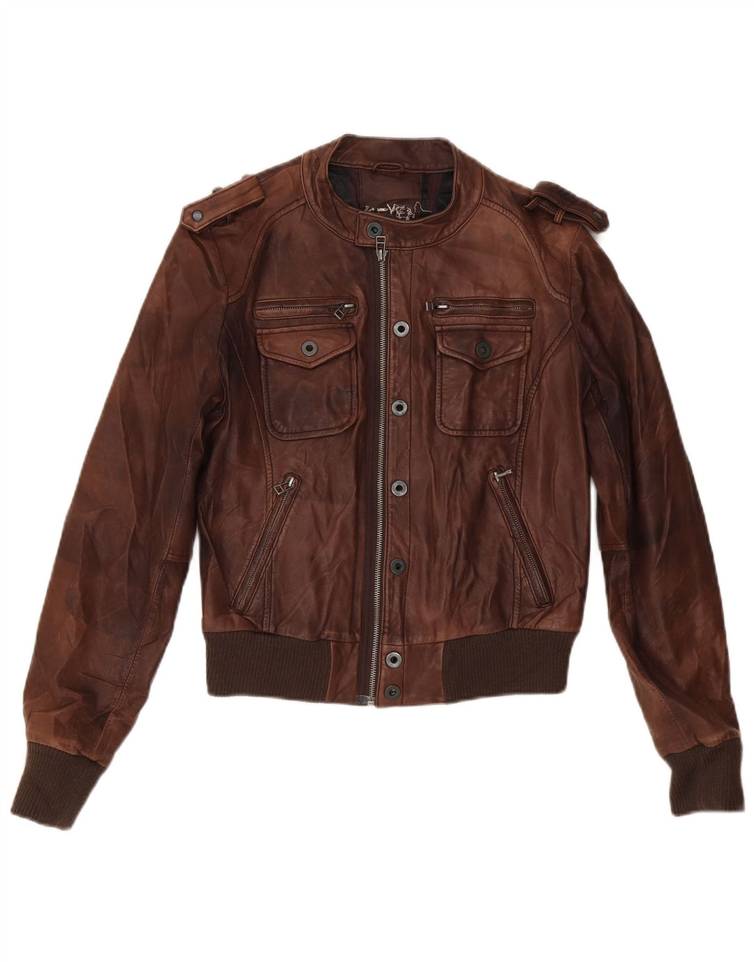 Jachetă militară din piele vintage băieți 11-12 ani XL din piele maro