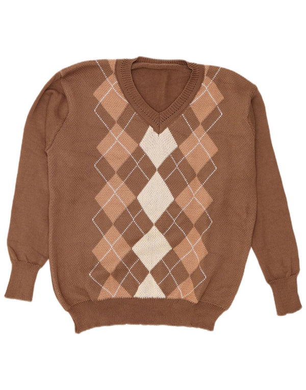 Pulover vintage pentru femei cu decolteu în V, mare, maro, poliester Argyle/Diamond