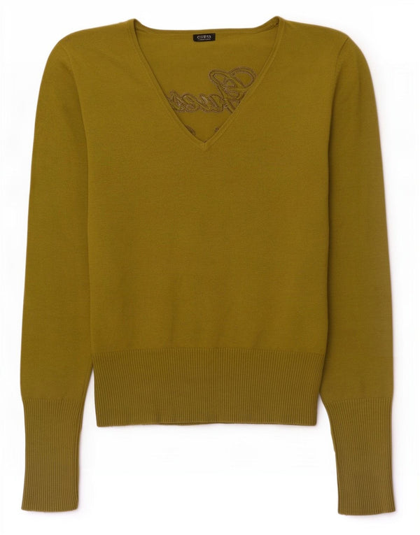 Pulover Guess cu decolteu în V cu grafic pentru femei UK 16, viscoză verde medie