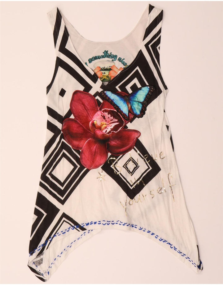 DESIGUAL Womens Asymmetric Tunic Top UK 12 Medium White Geometric Vintage Desigual and Second-Hand Desigual from Messina Hembry 