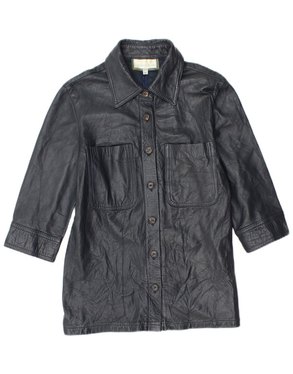 Les Copains Womens 3/4 Sleeve Leather Jacket IT 42 Medium Navy Blue Leather
