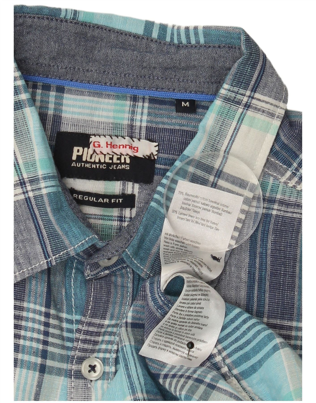 PIONEER Mens Regular Fit Short Sleeve Shirt Medium Blue Check Cotton