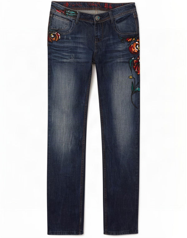 Desigual Womens Regular Fit Straight Jeans W34 L35 Blue Floral Cotton
