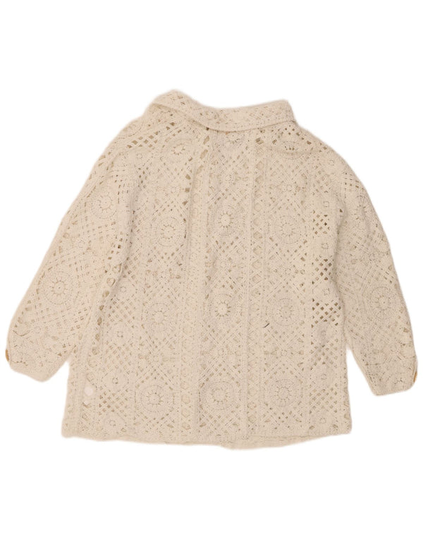 Pulover vintage cardigan croșetat cu mâneci 3/4 pentru femei UK 18 XL bumbac alb