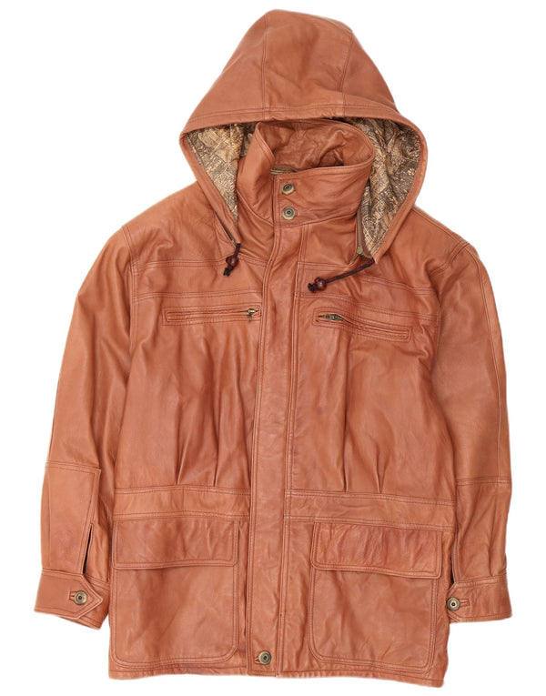 VINTAGE Mens Hooded Leather Coat IT 48 Medium Brown Leather