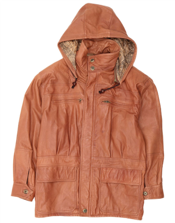 Palton din piele cu glugă pentru bărbați VINTAGE IT 48 din piele maro medie
