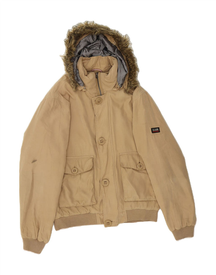 SLAM Mens Hooded Bomber Jacket UK 36 Small Beige Polyester Vintage Slam and Second-Hand Slam from Messina Hembry 