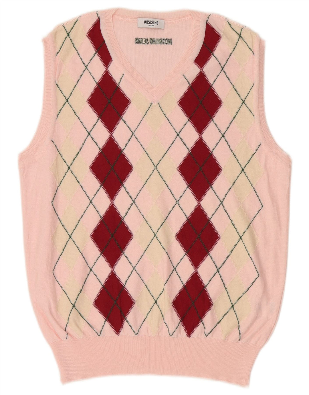 Moschino Womens Vest Tank Top UK 14 Large Pink Argyle/Diamond Bumbac
