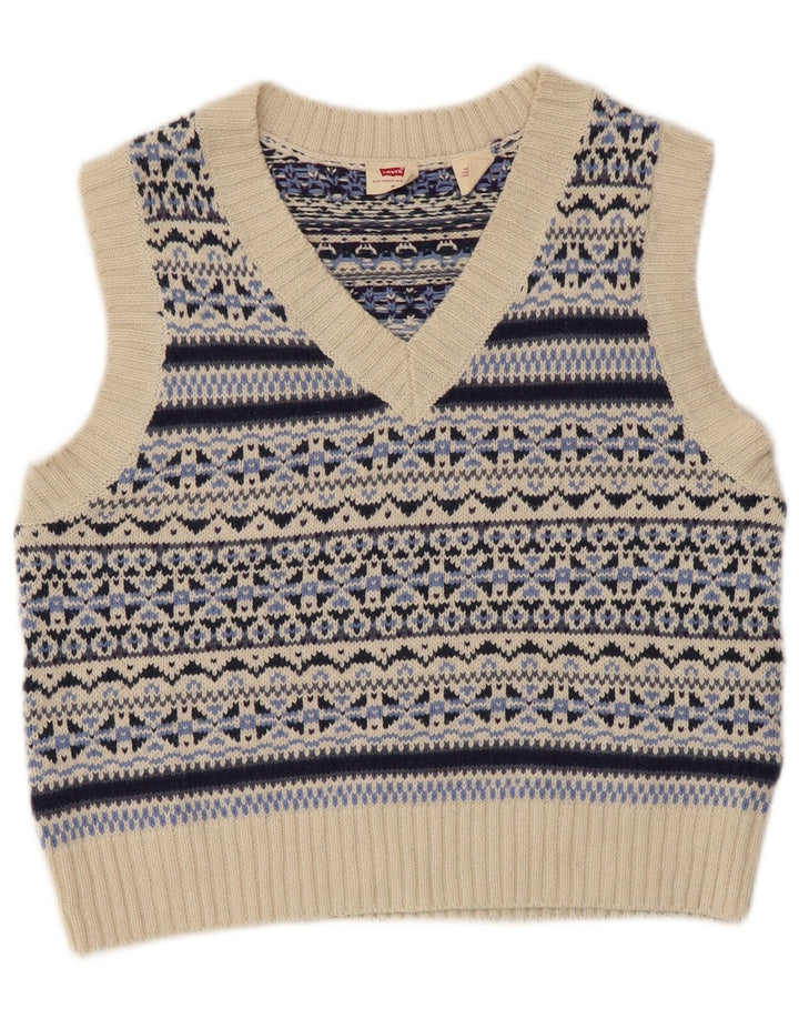 Levi's Womens Crop Vest Tank Top UK 12 Medium Blue Fair Isle Cotton