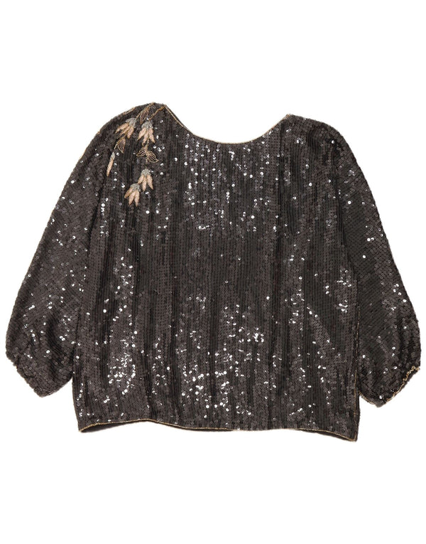 Bluză vintage cu mânecă lungă supradimensionată pentru femei EU 44/46 XL Negru Floral
