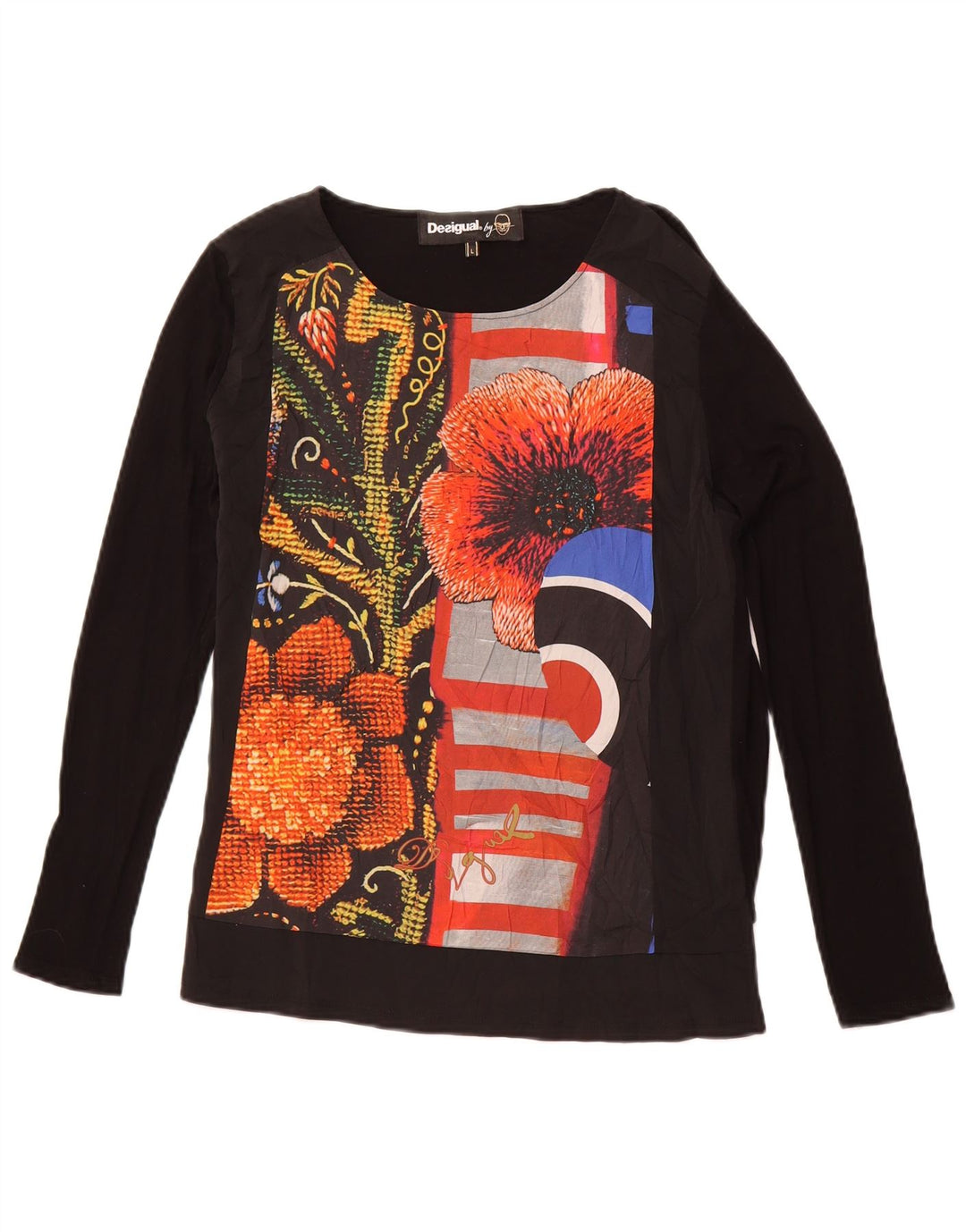 DESIGUAL Top grafic pentru femei cu mânecă lungă UK 14 mare, negru, floral, viscoză