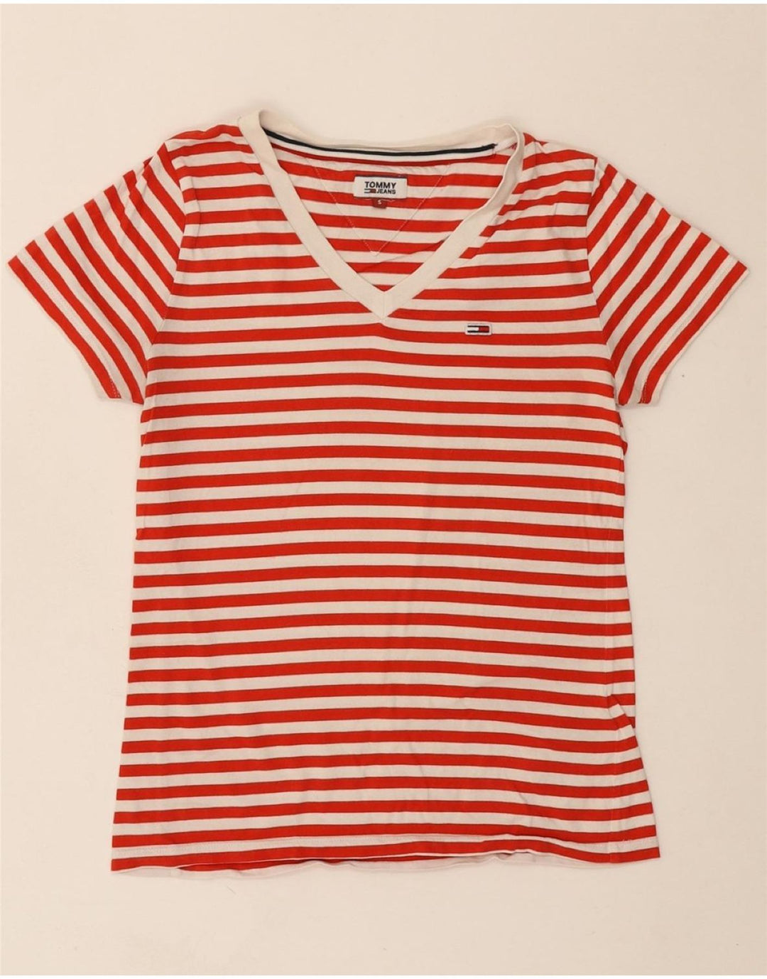 TOMMY HILFIGER Womens T-Shirt Top UK 10 Small Red Striped Cotton Vintage Tommy Hilfiger and Second-Hand Tommy Hilfiger from Messina Hembry 