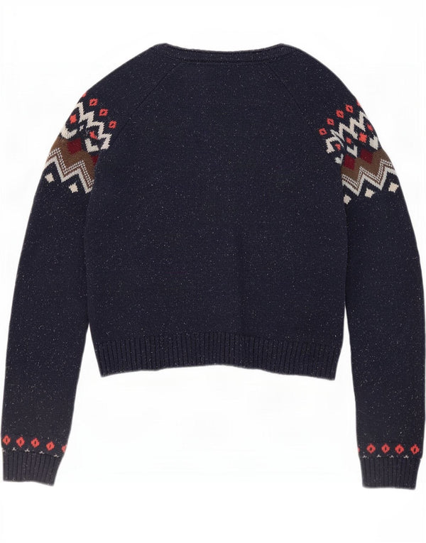 Fat Face Womens Cardigan Sweater UK 12 Medium Navy Blue Fair Isle Cotton