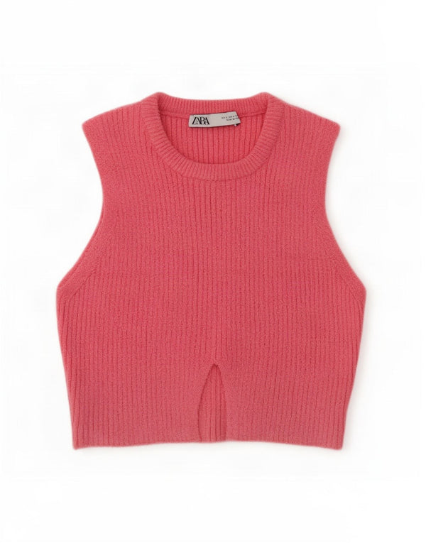 Zara femei Crop Vest Tank Top UK 8 Bumbac roz mic