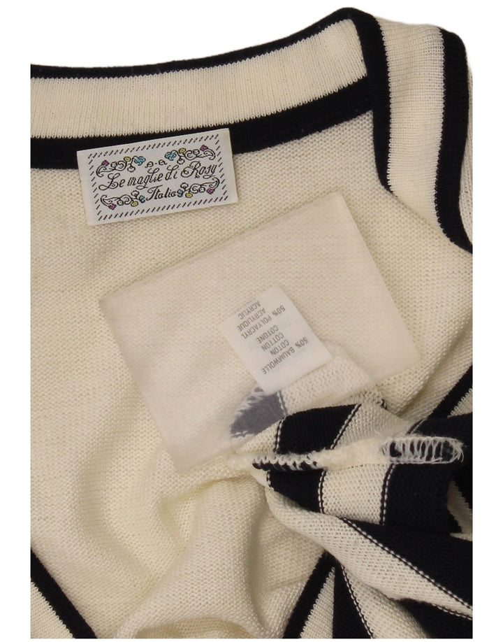 Pulover Cardigan Vintage pentru Damă UK 14 Bumbac cu dungi alb mediu mediu