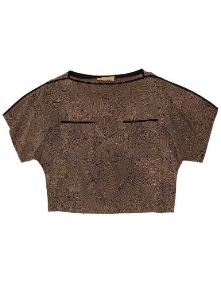 Bluză Crop Vintage pentru femei UK 14 Mătase cu pete maro mediu