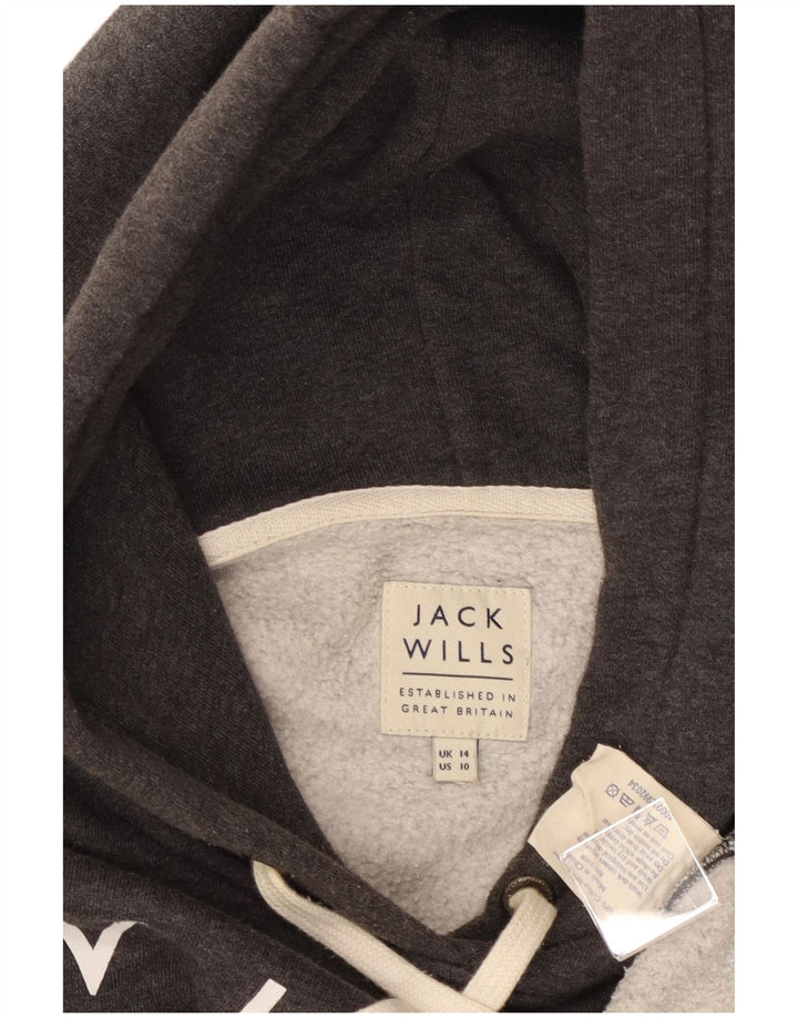 JACK WILLS Pulover cu glugă cu grafică pentru femei UK 14 mare bumbac gri