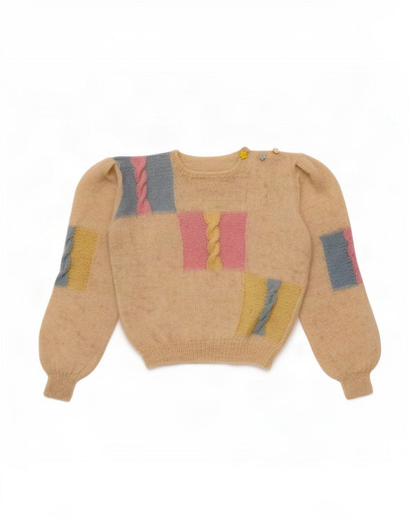 Pulover vintage pentru femei cu decolteu rotund UK 16, mare, bej, bloc de culoare