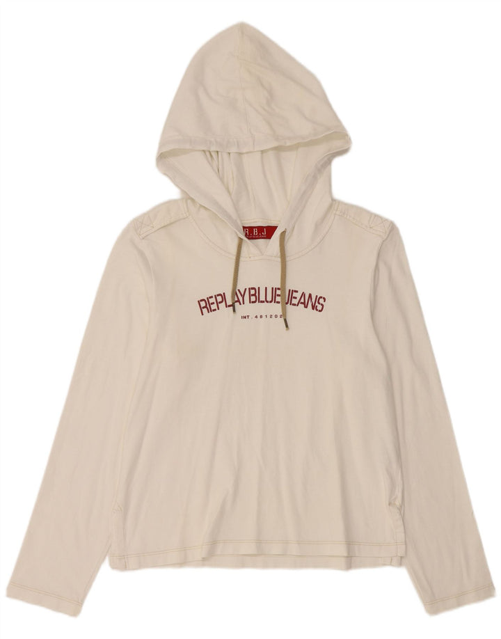 REPLAY Top grafic cu glugă pentru femei cu mânecă lungă UK 14, mare, alb, bumbac