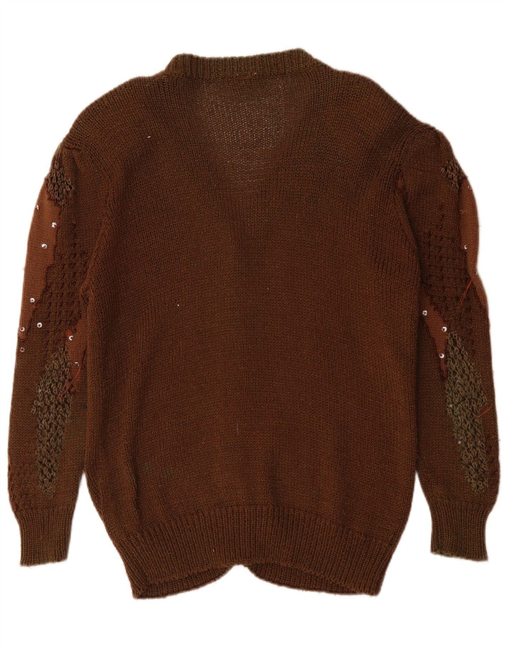 Pulover cardigan cu model abstract pentru femei vintage UK 14 maro mediu