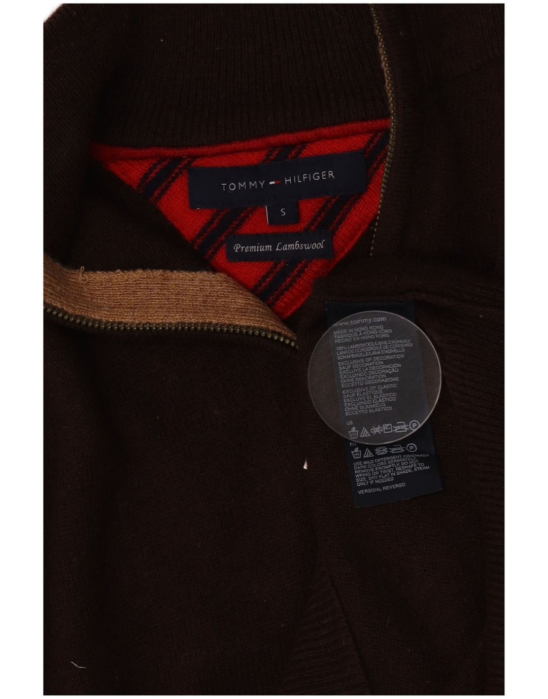 Pulover Tommy Hilfiger pentru bărbați, cu fermoar și gât, lână de miel maro mică