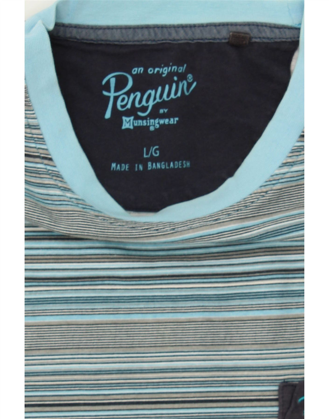 PENGUIN Mens T-Shirt Top Large Blue Striped Cotton Vintage Penguin and Second-Hand Penguin from Messina Hembry 