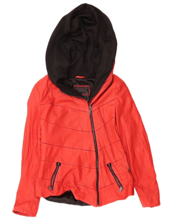 Jachetă de piele IBIZA pentru femei cu glugă UK 20 2XL din piele roșie color bloc