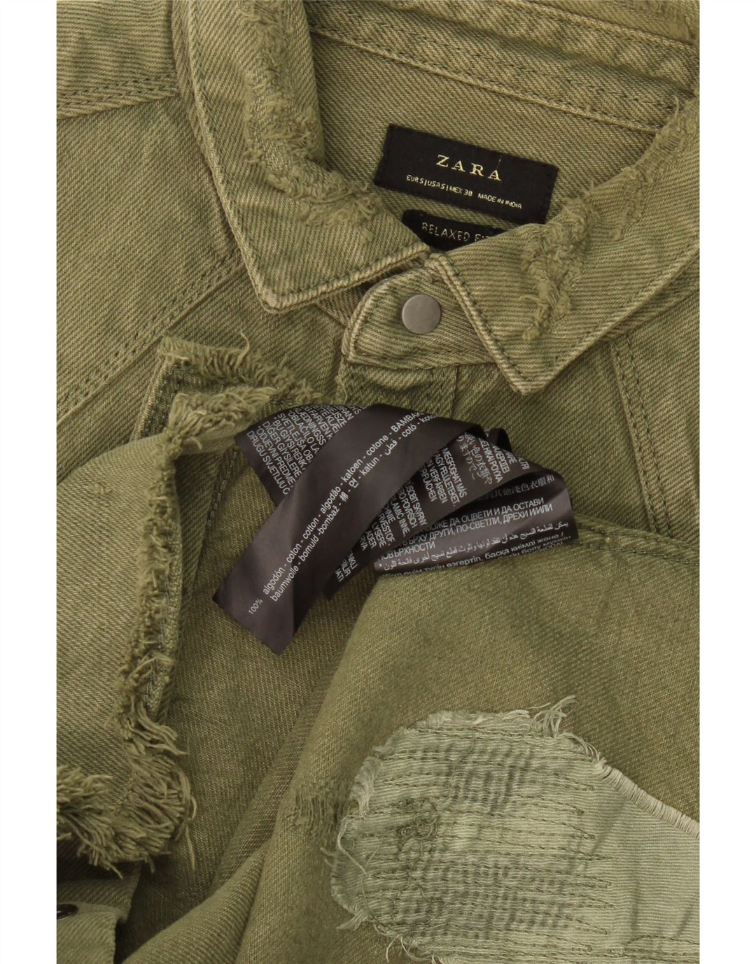 Cămașă pentru bărbați ZARA din denim, cu croială relaxată, mică, kaki, bumbac