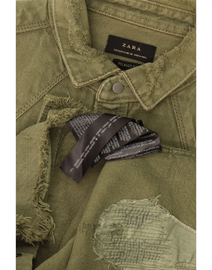 Cămașă pentru bărbați ZARA din denim, cu croială relaxată, mică, kaki, bumbac