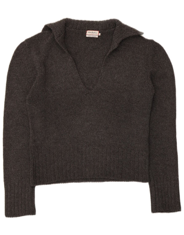 Max & Co. Pulover crop cu gât polo pentru femei UK 14 Lână virgină mare, gri