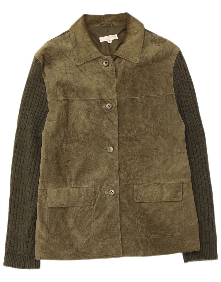 Jachetă vintage pentru femei tricotată din piele intoarsa UK 14, verde medie, piele