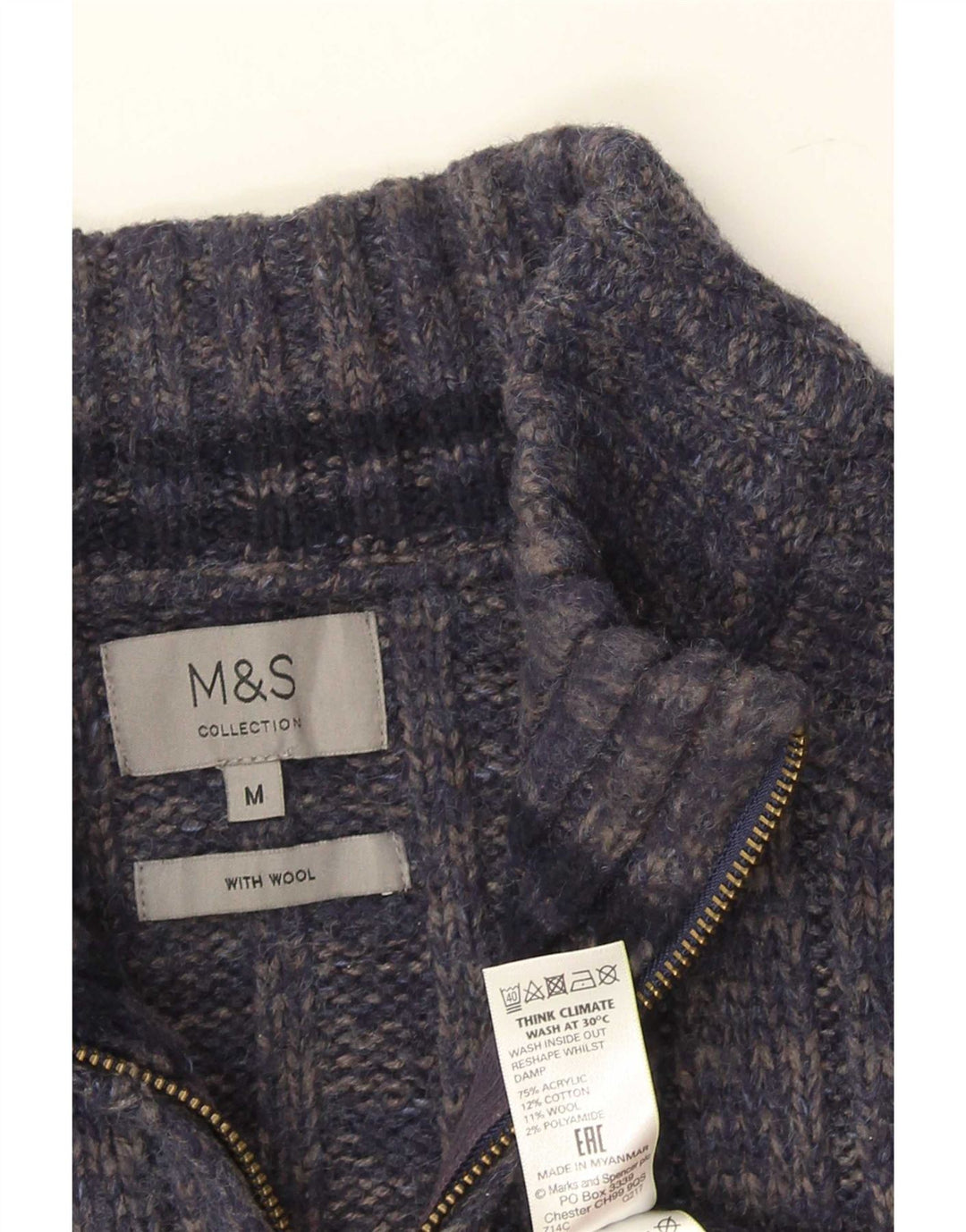 Pulover pentru bărbați Marks & Spencer, cu fermoar, cu gât, mijlociu, albastru marin pete
