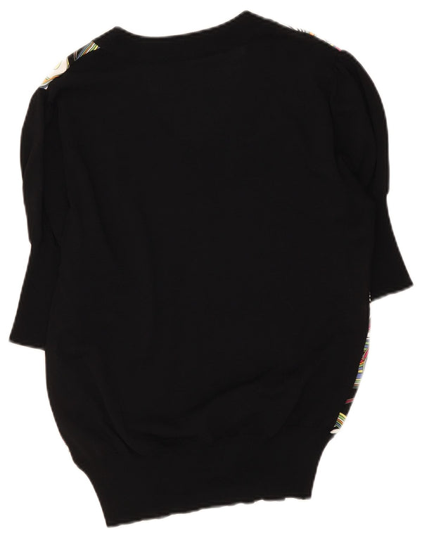 Vintage Womens Abstract Pattern Top maneci 3/4 UK 16 Large Black Silk