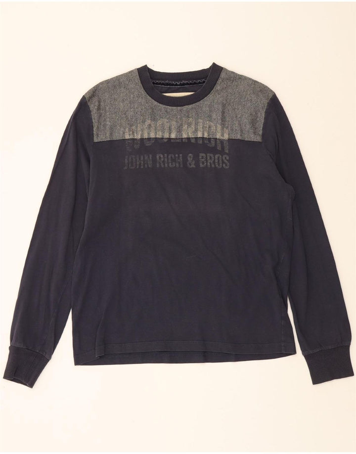 WOOLRICH Mens Graphic Top Long Sleeve Large Navy Blue Colourblock Cotton Vintage Woolrich and Second-Hand Woolrich from Messina Hembry 