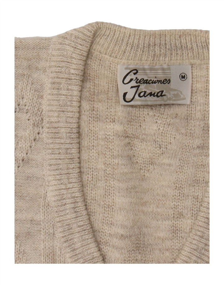 VINTAGE Mens V-Neck Jumper Sweater Medium Beige Argyle/Diamond Acrylic Vintage Vintage and Second-Hand Vintage from Messina Hembry 