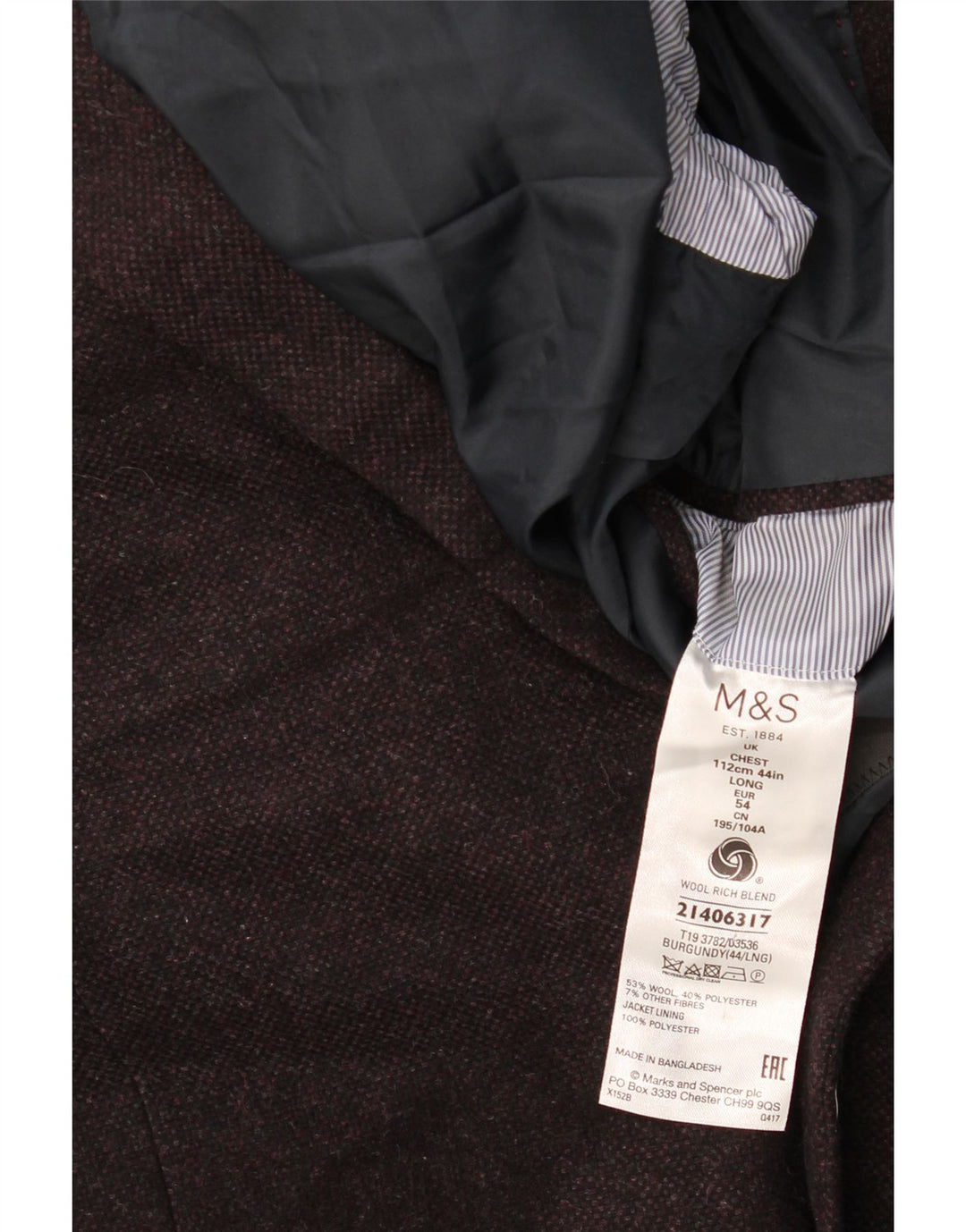 Jachetă pentru bărbați Marks & Spencer, cu 2 nasturi, UK 44 2XL Lână burgundă