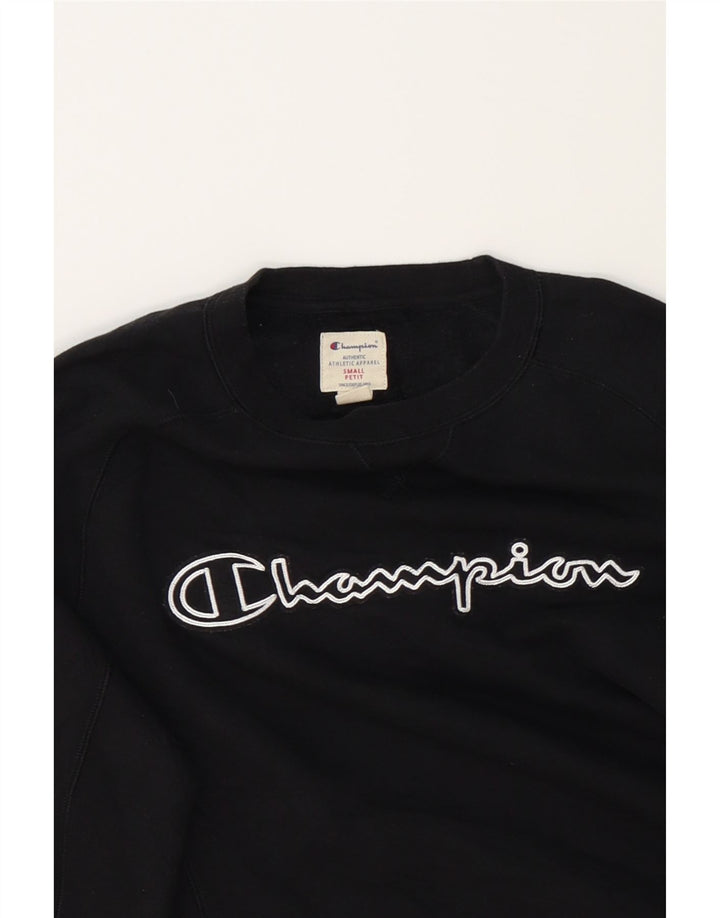 CHAMPION Mens Petit Graphic Sweatshirt Jumper Small Black Cotton Vintage Champion and Second-Hand Champion from Messina Hembry 