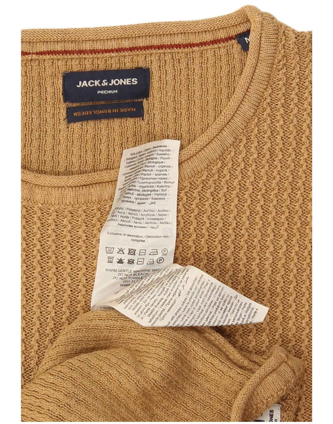 Pulover Jack & Jones pentru bărbați cu gât roșu, bumbac mediu bej