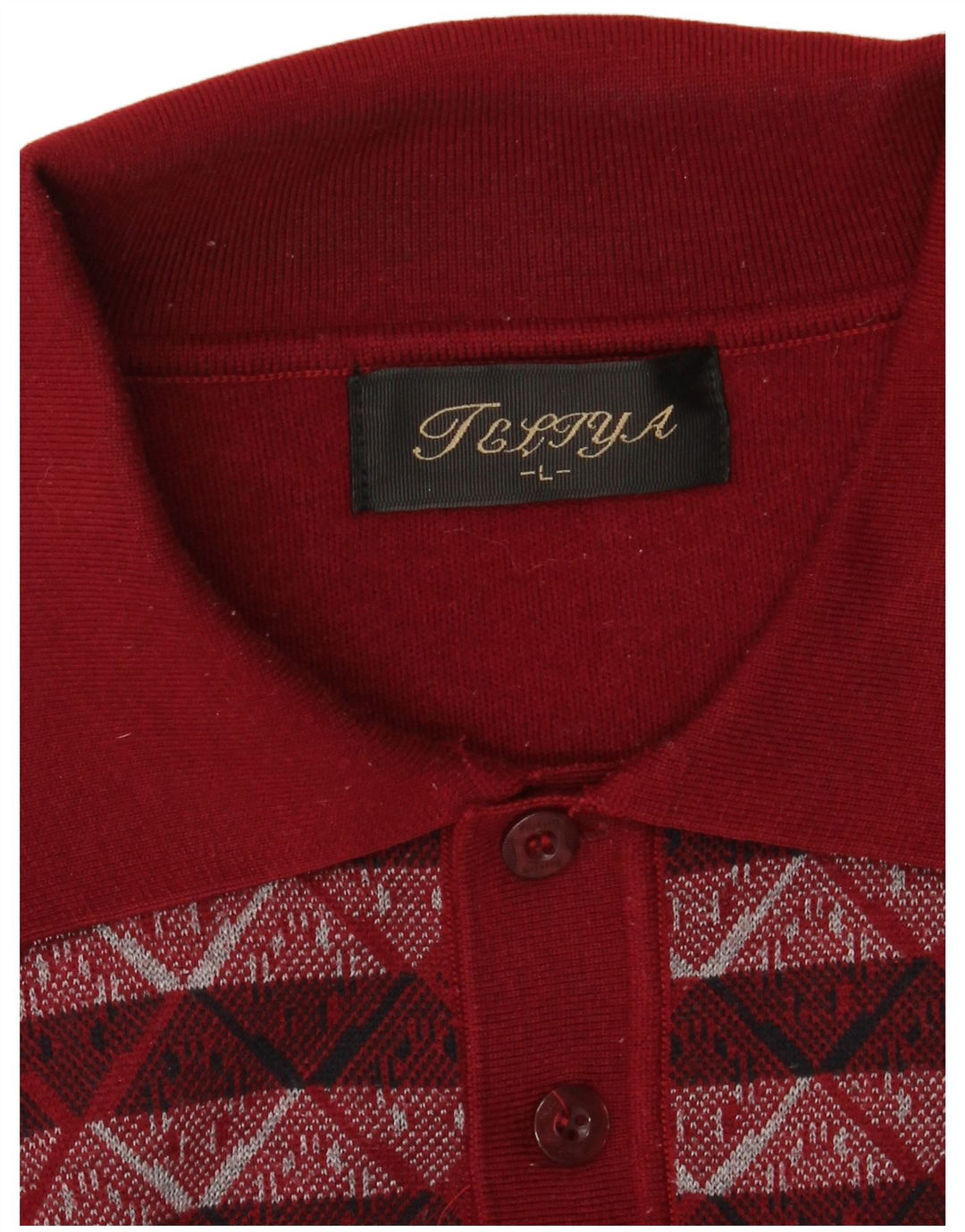 VINTAGE Pulover cu gât polo pentru bărbați, mare, burgundă, geometric