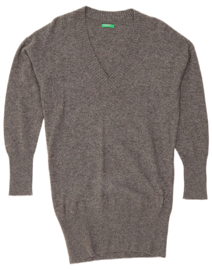 BENETTON Pulover oversized cu paragate cu decolteu în V pentru femei UK 10 Small Gri