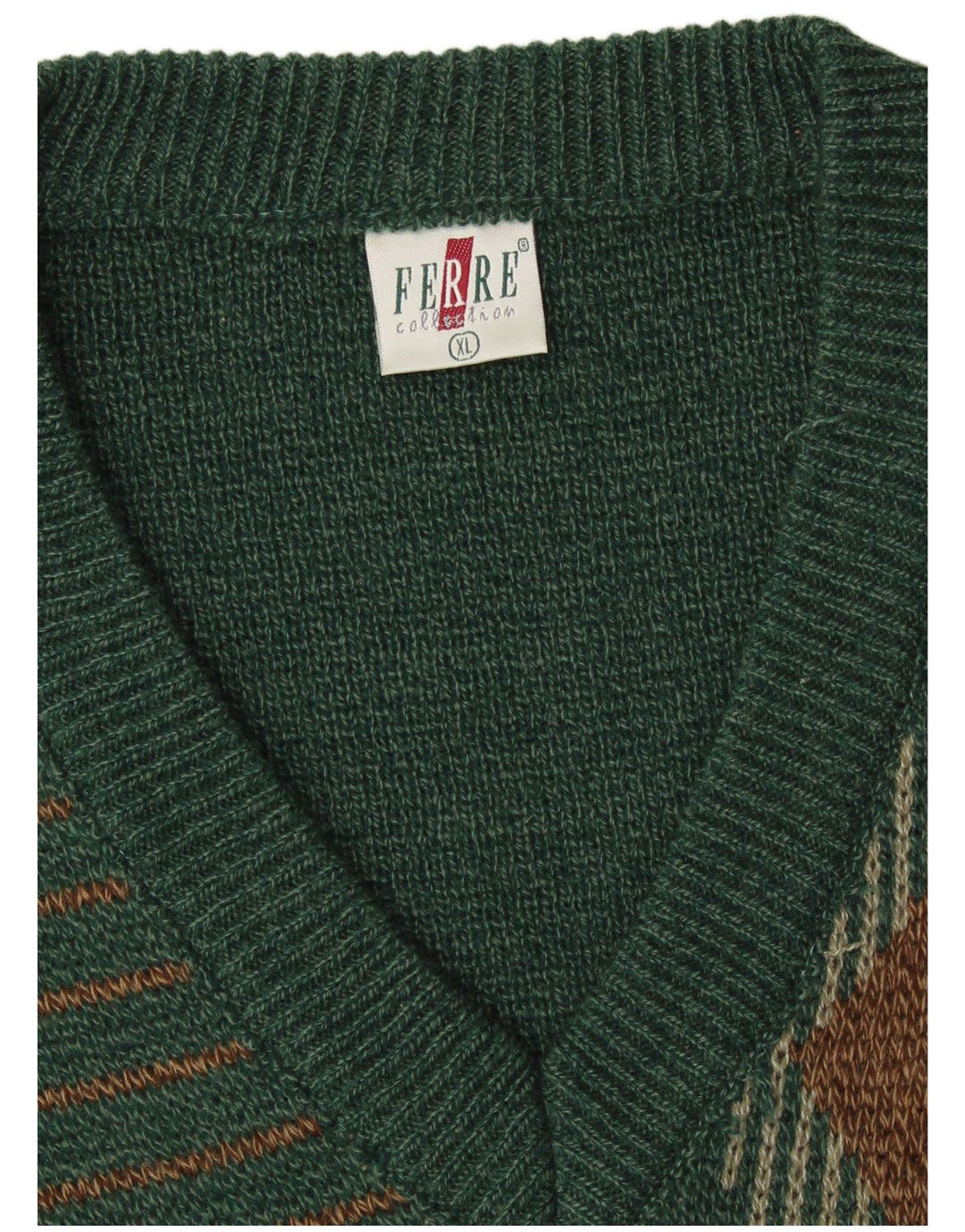 VINTAGE Pulover cu decolteu în V pentru bărbați XL Verde Argyle/Diamond Acrilic Clasic