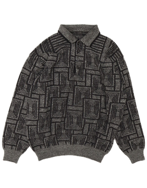Vintage Mens Polo Neck Jumper Sweater Large Grey Geometric
