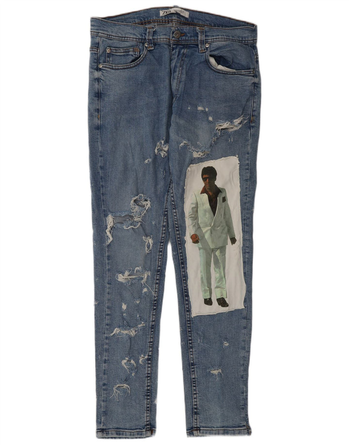 Blugi slim cu grafică ZARA pentru bărbați EU 42 Large W32 L32 Albastru
