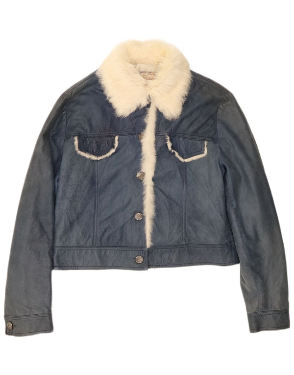 Jachetă de piele crop pentru femei Lavorazione Artigiana UK 12 Medium Blue